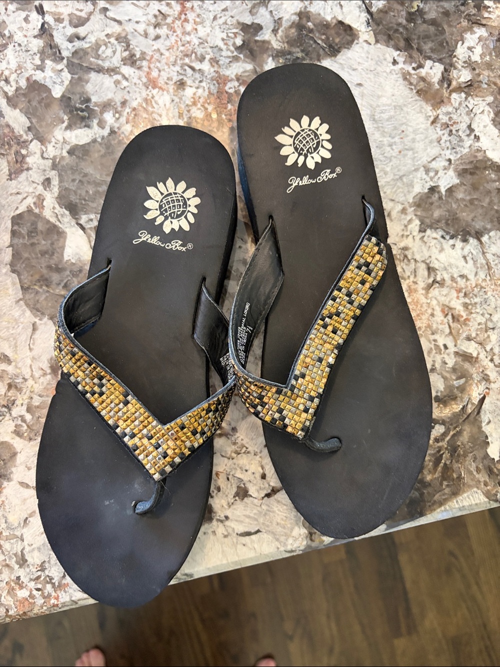 Yellow Box Black Flip Flop Sandals with Gold and Yellow Beaded Straps